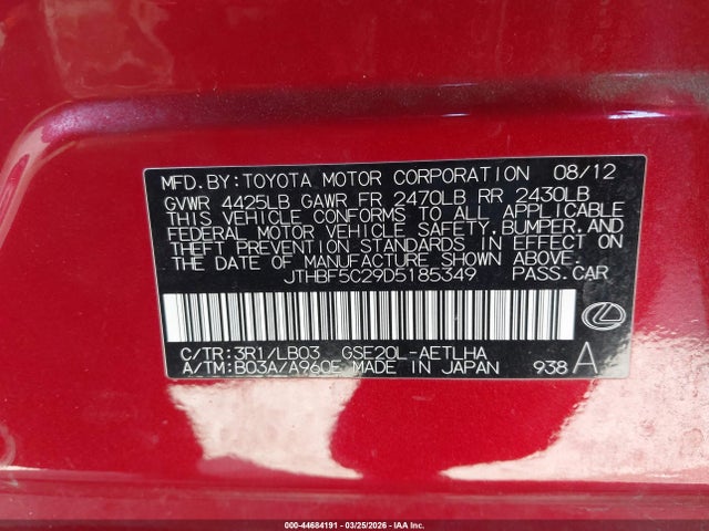 Продажа на аукционе авто 2013 Lexus Is 250, vin: JTHBF5C29D5185349, номер лота: 44684191