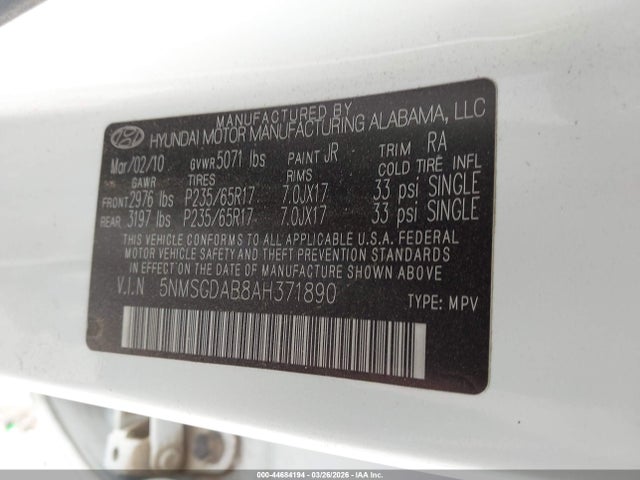 2010 Hyundai Santa Fe Gls მანქანა იყიდება აუქციონზე, vin: 5NMSGDAB8AH371890, აუქციონის ნომერი: 44684194