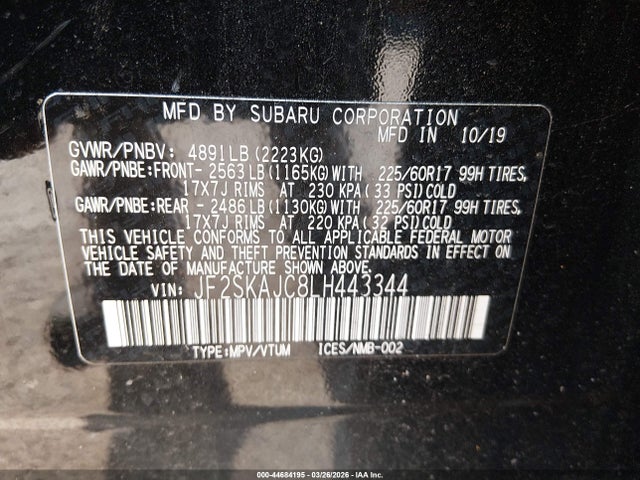 Aukcja sprzedaży 2020 Subaru Forester Premium, vin: JF2SKAJC8LH443344, numer aukcji: 44684195