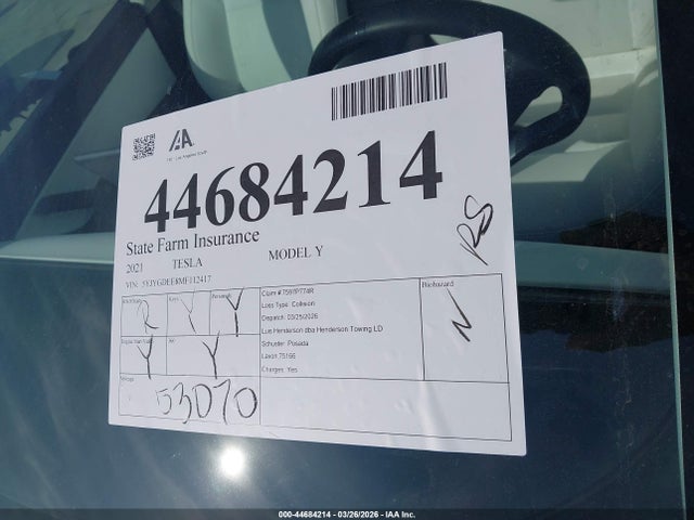 Aukcja sprzedaży 2021 Tesla Model Y Long Range Dual Motor All-wheel Drive, vin: 5YJYGDEE8MF112417, numer aukcji: 44684214