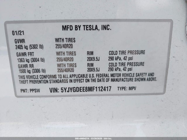 2021 TESLA MODEL Y 5YJYGDEE8MF112417 Photo 8