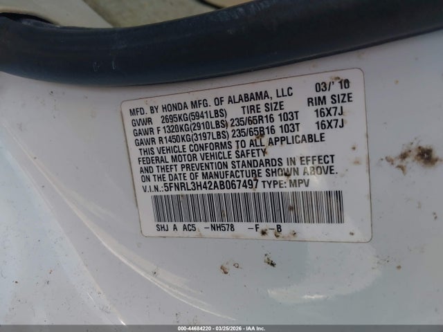 44684220 :رقم المزاد ، 5FNRL3H42AB067497 vin ، 2010 Honda Odyssey Ex مزاد بيع