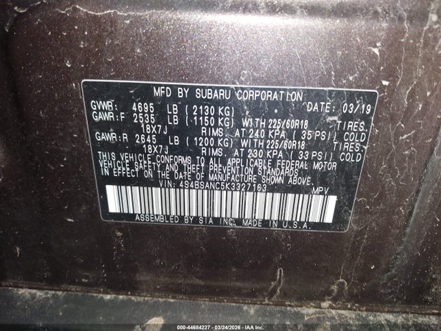 2019 Subaru Outback 2.5i Limited მანქანა იყიდება აუქციონზე, vin: 4S4BSANC5K3327163, აუქციონის ნომერი: 44684227