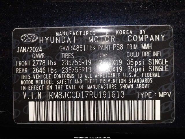Aukcja sprzedaży 2024 Hyundai Tucson Hybrid Sel Convenience, vin: KM8JCCD17RU191613, numer aukcji: 44684237