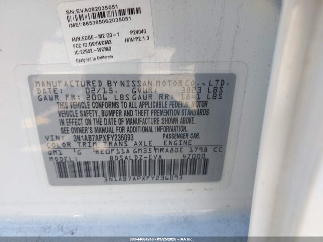3N1AB7APXFY236093 Nissan Sentra Fe+ S/s/sl/sr/sv