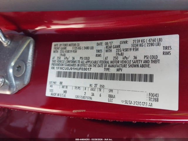 1FMCU0J91HUF03017 Ford Escape Titanium