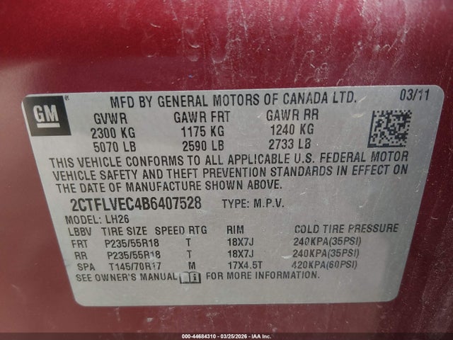 Aukcja sprzedaży 2011 Gmc Terrain Slt-1, vin: 2CTFLVEC4B6407528, numer aukcji: 44684310