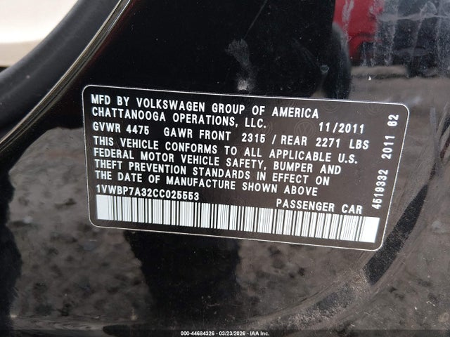 Aukcja sprzedaży 2012 Volkswagen Passat 2.5l Se, vin: 1VWBP7A32CC025553, numer aukcji: 44684326