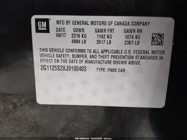 44684332 :رقم المزاد ، 2G1125S3XJ9108483 vin ، 2018 Chevrolet Impala 2lz مزاد بيع
