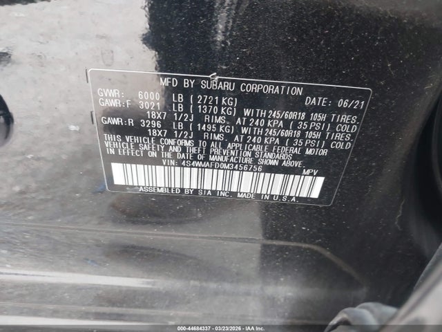 44684337 :رقم المزاد ، 4S4WMAFD0M3456756 vin ، 2021 Subaru Ascent Premium مزاد بيع