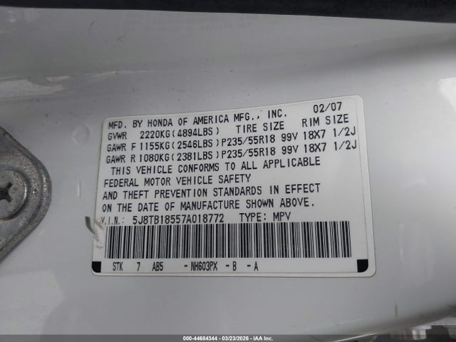 Продаж на аукціоні авто 2007 Acura Rdx, vin: 5J8TB18557A018772, номер лоту: 44684344