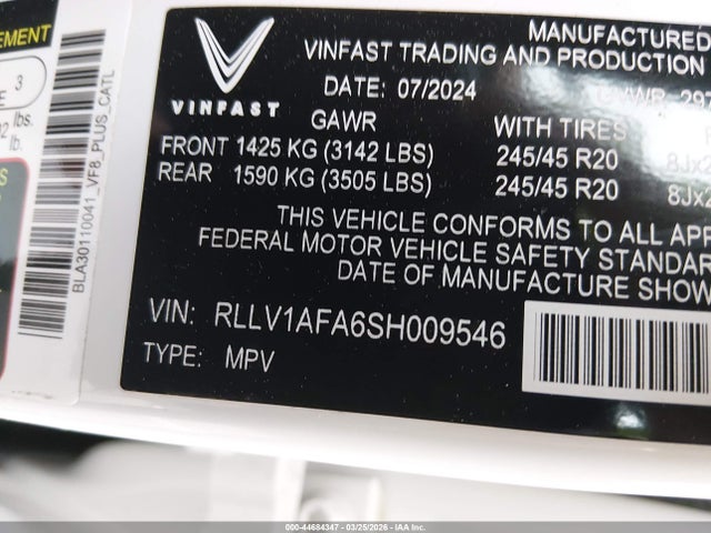 RLLV1AFA6SH009546 Vinfast Vf 8 Plus