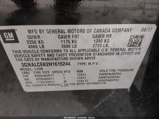 Aukcja sprzedaży 2017 Chevrolet Equinox Lt, vin: 2GNALCEK2H1615244, numer aukcji: 44684354