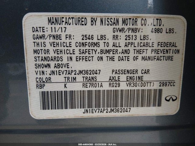44684368 :رقم المزاد ، JN1EV7AP2JM362047 vin ، 2018 Infiniti Q50 3.0t Luxe مزاد بيع
