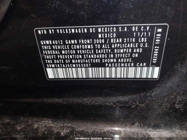2012 Volkswagen Jetta 2.0l S მანქანა იყიდება აუქციონზე, vin: 3VW1K7AJ5CM353007, აუქციონის ნომერი: 44684374