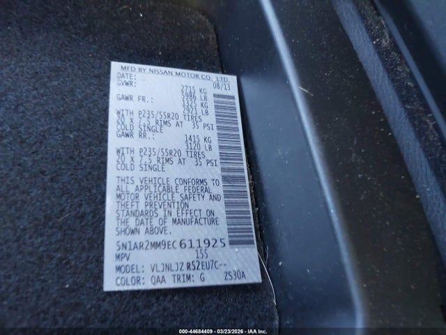 Продажа на аукционе авто 2014 Nissan Pathfinder Platinum, vin: 5N1AR2MM9EC611925, номер лота: 44684409