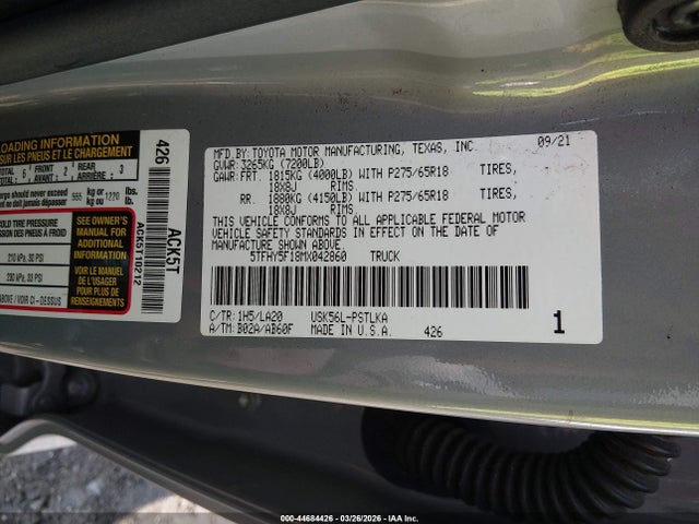 Продажа на аукционе авто 2021 Toyota Tundra Limited, vin: 5TFHY5F18MX042860, номер лота: 44684426