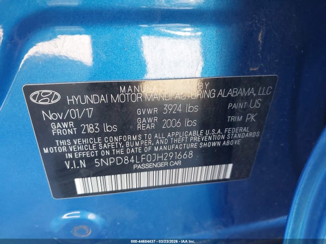 5NPD84LF0JH291668 Hyundai ELANTRA SEL