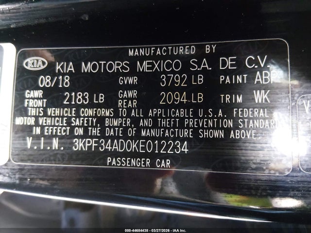 Aukcja sprzedaży 2019 Kia Forte S, vin: 3KPF34AD0KE012234, numer aukcji: 44684438