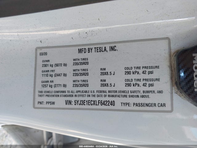 Aukcja sprzedaży 2020 Tesla Model 3 Performance Dual Motor All-wheel Drive, vin: 5YJ3E1ECXLF642240, numer aukcji: 44684464