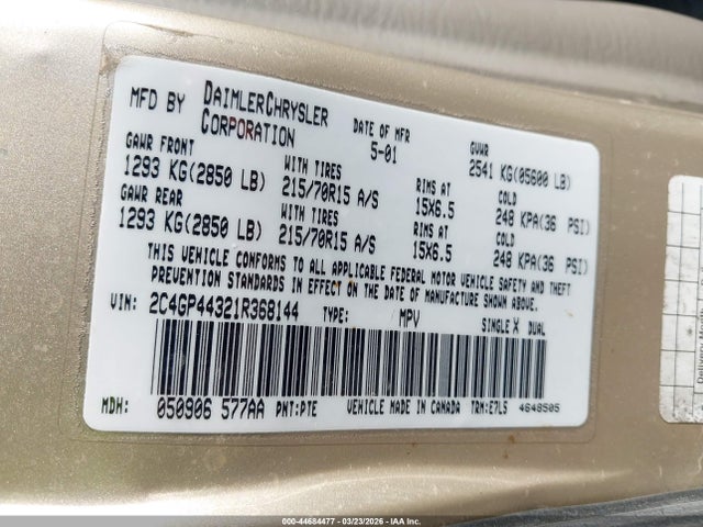 Продаж на аукціоні авто 2001 Chrysler Town & Country Lx, vin: 2C4GP44321R368144, номер лоту: 44684477
