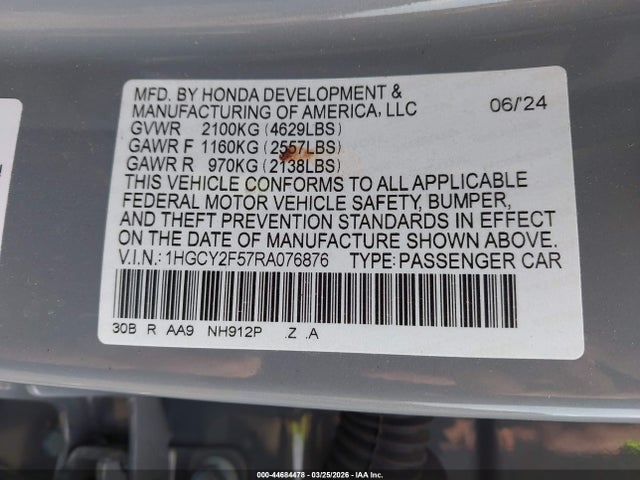 44684478 :رقم المزاد ، 1HGCY2F57RA076876 vin ، 2024 Honda Accord Hybrid Sport مزاد بيع