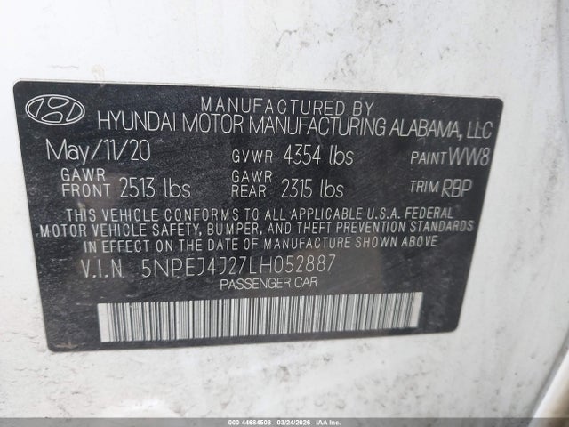 Aukcja sprzedaży 2020 Hyundai Sonata Sel Plus, vin: 5NPEJ4J27LH052887, numer aukcji: 44684508