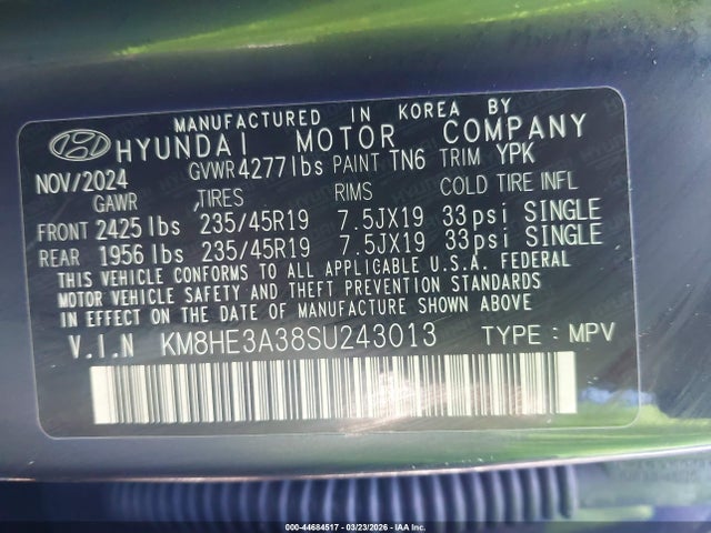 Aukcja sprzedaży 2025 Hyundai Kona Limited, vin: KM8HE3A38SU243013, numer aukcji: 44684517