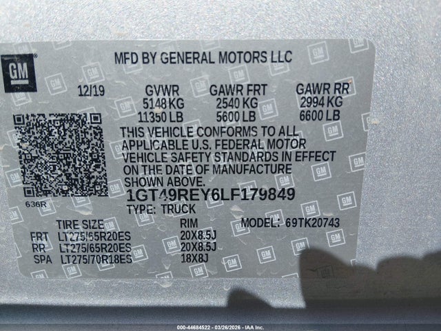 2020 Gmc Sierra 2500hd 4wd  Standard Bed Denali მანქანა იყიდება აუქციონზე, vin: 1GT49REY6LF179849, აუქციონის ნომერი: 44684522