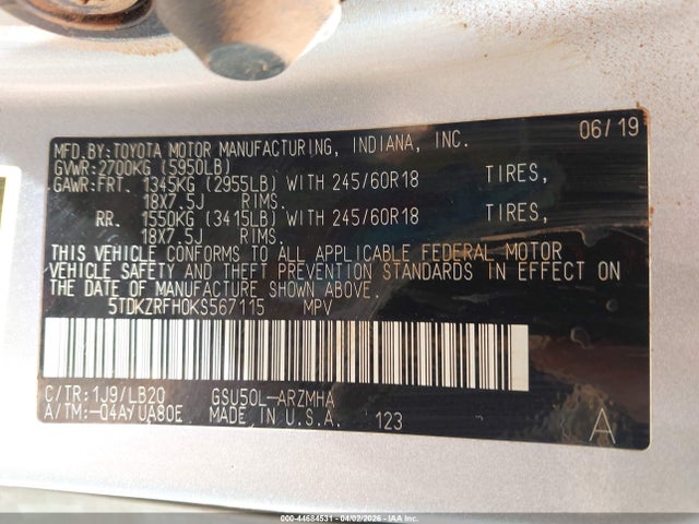 44684531 :رقم المزاد ، 5TDKZRFH0KS567115 vin ، 2019 Toyota Highlander Xle مزاد بيع