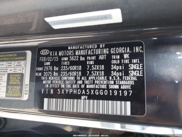 44684532 :رقم المزاد ، 5XYPHDA5XGG019197 vin ، 2016 Kia Sorento 3.3l Ex مزاد بيع