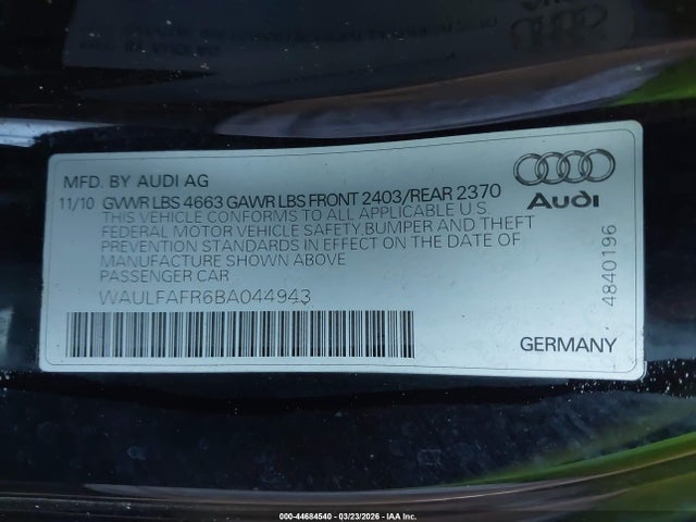 Продаж на аукціоні авто 2011 Audi A5 2.0t Premium, vin: WAULFAFR6BA044943, номер лоту: 44684540