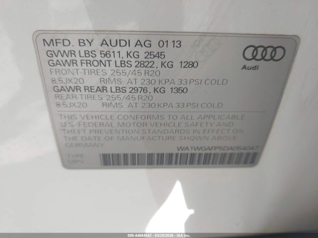 44684542 :رقم المزاد ، WA1WGAFP5DA054047 vin ، 2013 Audi Q5 3.0t Premium Plus مزاد بيع