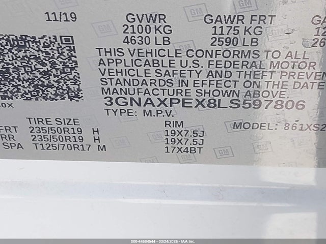 44684544 :رقم المزاد ، 3GNAXPEX8LS597806 vin ، 2020 Chevrolet Equinox Fwd Premier 2.0l Turbo مزاد بيع