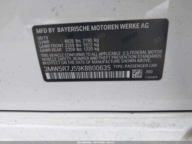 2019 Bmw 330i Xdrive მანქანა იყიდება აუქციონზე, vin: 3MW5R7J59K8B00635, აუქციონის ნომერი: 44684550