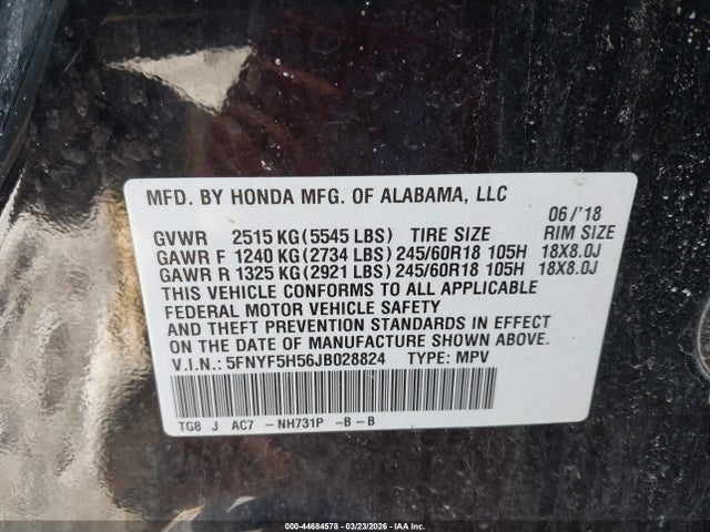 44684578 :رقم المزاد ، 5FNYF5H56JB028824 vin ، 2018 Honda Pilot Ex-l مزاد بيع