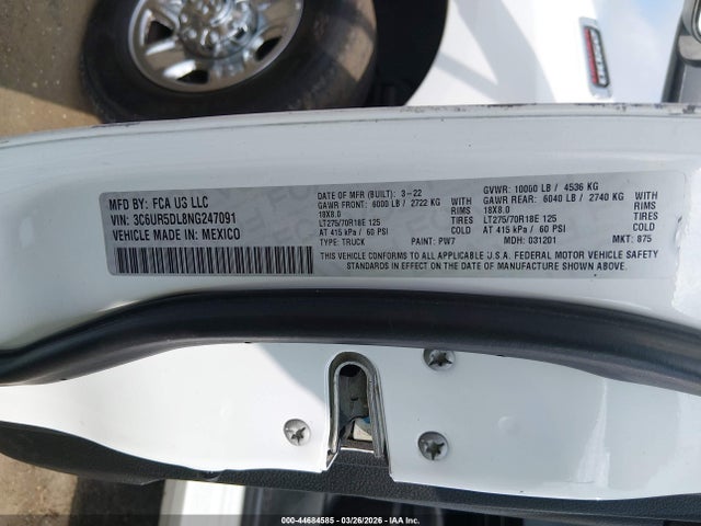 2022 Ram 2500 Big Horn  4x4 6'4 Box მანქანა იყიდება აუქციონზე, vin: 3C6UR5DL8NG247091, აუქციონის ნომერი: 44684585