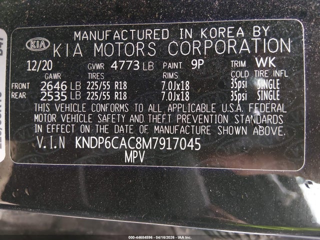 Aukcja sprzedaży 2021 Kia Sportage S, vin: KNDP6CAC8M7917045, numer aukcji: 44684596