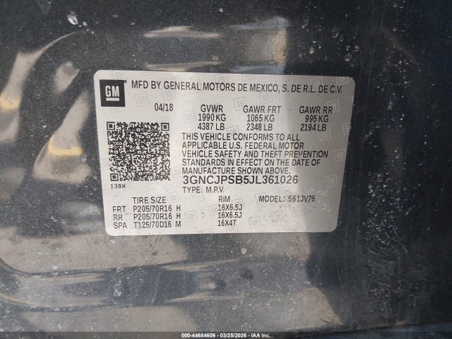 Aukcja sprzedaży 2018 Chevrolet Trax Lt, vin: 3GNCJPSB5JL361026, numer aukcji: 44684606