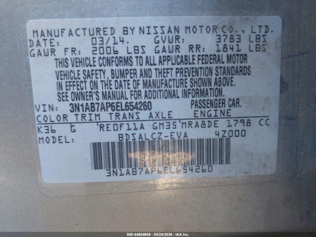 3N1AB7AP6EL654260 Nissan SENTRA S
