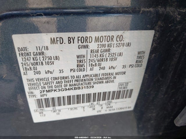 2019 Ford Edge Se მანქანა იყიდება აუქციონზე, vin: 2FMPK3G94KBB31539, აუქციონის ნომერი: 44684641