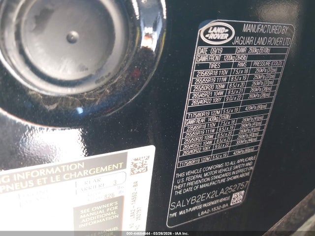 Aukcja sprzedaży 2020 Land Rover Range Rover Velar P250 S, vin: SALYB2EX2LA252757, numer aukcji: 44684644