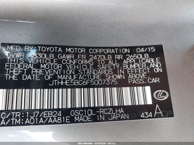 Aukcja sprzedaży 2015 Lexus Rc 350, vin: JTHHE5BC6F5007375, numer aukcji: 44684666