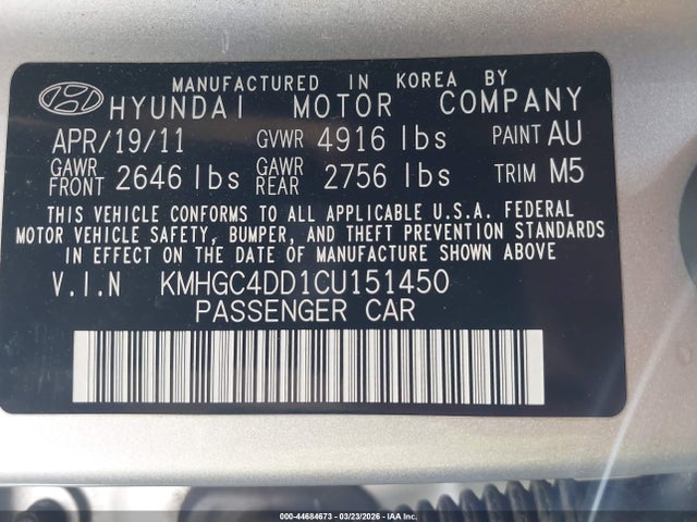2012 Hyundai Genesis 3.8 მანქანა იყიდება აუქციონზე, vin: KMHGC4DD1CU151450, აუქციონის ნომერი: 44684673