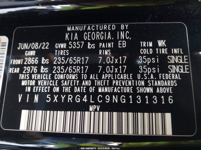 44684675 :رقم المزاد ، 5XYRG4LC9NG131316 vin ، 2022 Kia Sorento Lx مزاد بيع