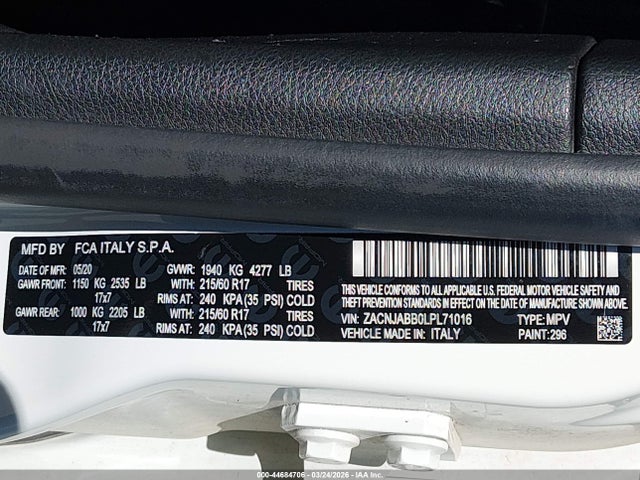 Продажа на аукционе авто 2020 Jeep Renegade Latitude Fwd, vin: ZACNJABB0LPL71016, номер лота: 44684706