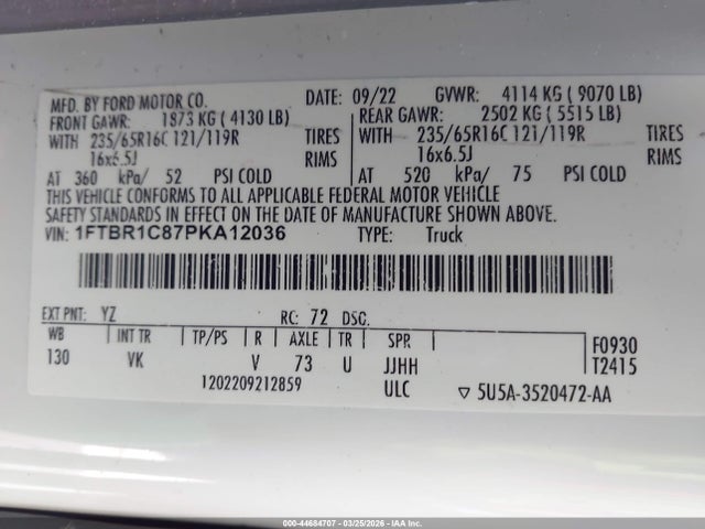 44684707 :رقم المزاد ، 1FTBR1C87PKA12036 vin ، 2023 Ford Transit-250 مزاد بيع