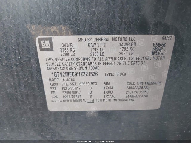Продажа на аукционе авто 2017 Gmc Sierra 1500 Sle, vin: 1GTV2MEC9HZ321536, номер лота: 44684725