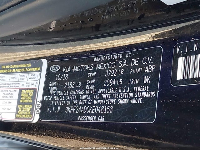 Aukcja sprzedaży 2019 Kia Forte Fe, vin: 3KPF24AD0KE048153, numer aukcji: 44684727
