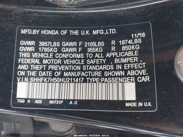 SHHFK7H50HU211417 Honda CIVIC EX